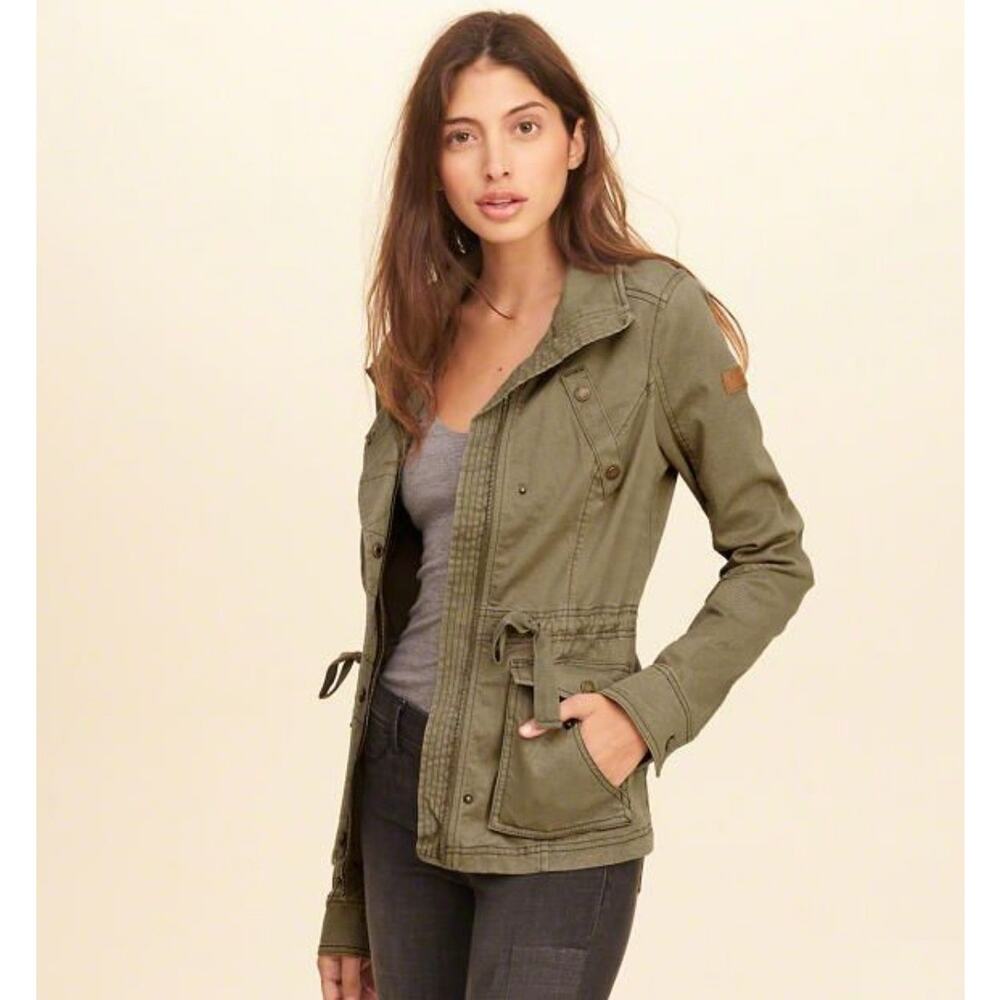 Hollister Twill Shirt Jacket olive green utility pockets army tomboy edgy M